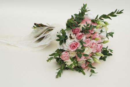 Wedding bouquet of pink roses isolatedの写真素材