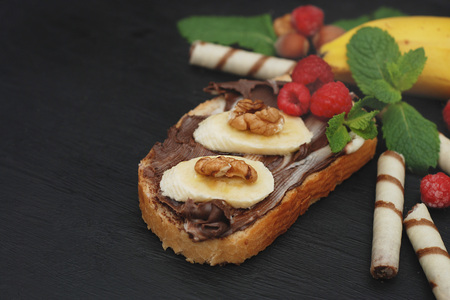 Chocolate sandwich with chocolate for healthy kids breakfast, dessert or holiday mealの写真素材