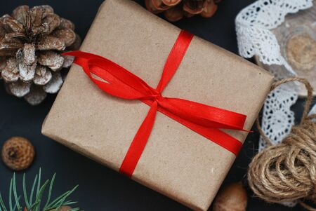 Top view gift box on wood table background with copy space.の写真素材