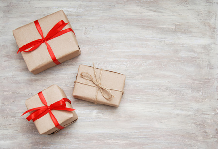 Gift boxes on the white wooden backgroundの写真素材