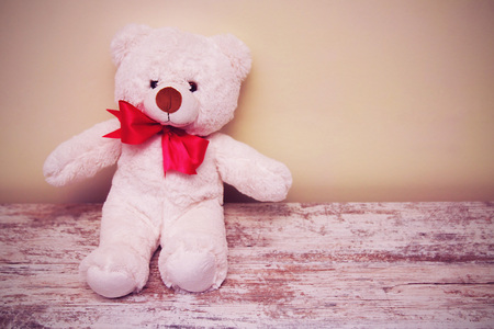 Teddy bear on wooden background, Love valentineの写真素材