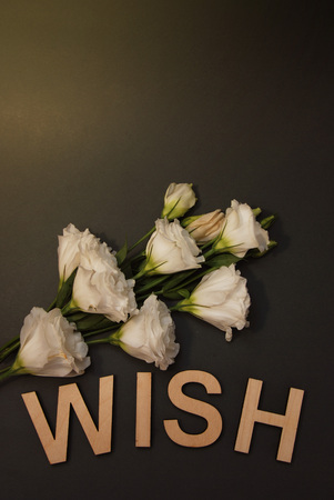Decorative letters forming word WISH with wild flowers on black backgroundの写真素材
