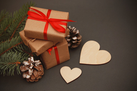 Wrapped christmas or other holiday handmade present in craft paper with red ribbon. Present box, decoration of gift on white wooden table, top view with copy space,pinecones fir branches.の写真素材
