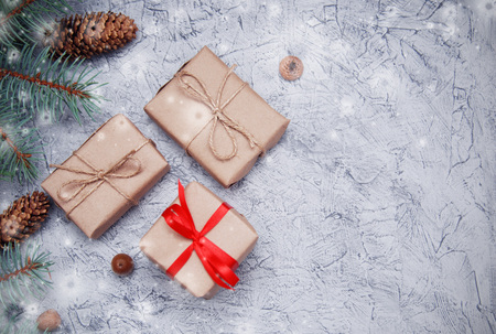 Christmas gift box with ribbon bow, fir-tree twig and small cones isolated on whiteの写真素材