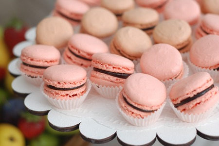 French desert pink macaron cakes isolated on desert holderの写真素材
