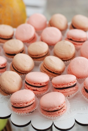 pink macaroons on pink background, homemade foodの写真素材