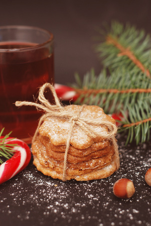 Christmas cookies with festive branches fir. Homemade delicious Christmas gingerbread on the dark blue background. Vertical.の写真素材