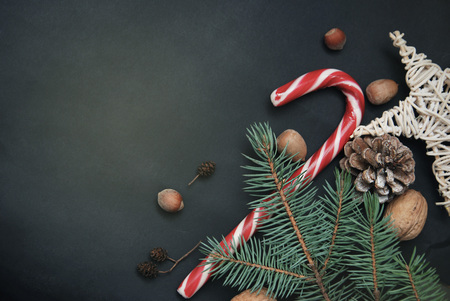 Christmas tree fir background with candy cane. top viewの写真素材