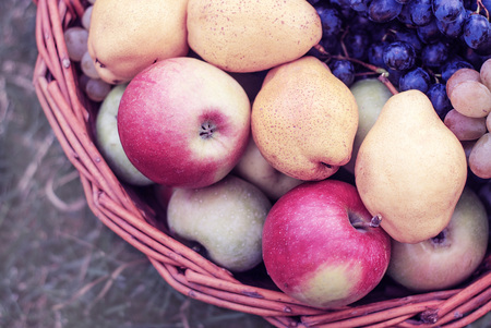 Few red fresh ripe apples on a background of green dry grass, fruit on rustic grass, useful natural food on wood planks, diet breakfast closeupの写真素材