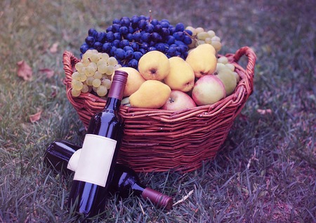 Rustic Basket with Wine, baschet of fruits,. Pears, apples and grapesの写真素材