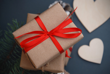 Handmade Gift Boxes with heart Shape. Christmas fir. Hollyday concept.の写真素材