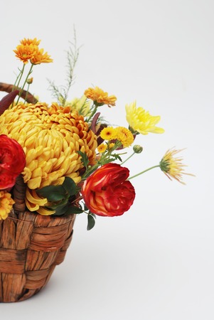 Bouquet of Autumn Flowers in basket Isolated on white. Vertical images. Orange flowers.の写真素材