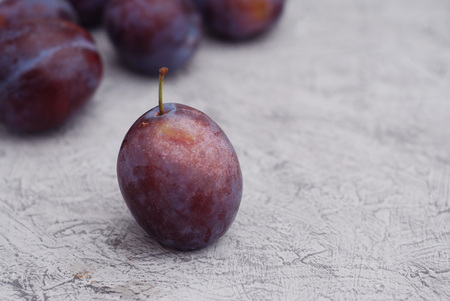 Sweet Plum on Gray background. Autumn natural fruits. rustic background.の写真素材