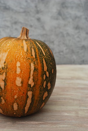 Orange pumpkin on a grey wooden backgroundの写真素材