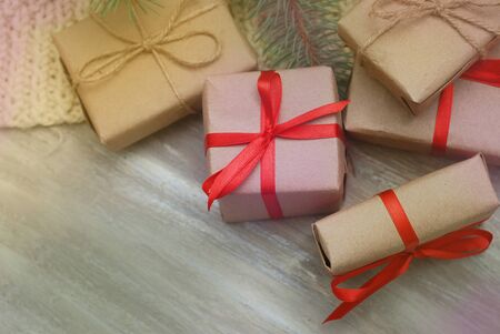 Christmas gift boxes in kraft paper andの写真素材