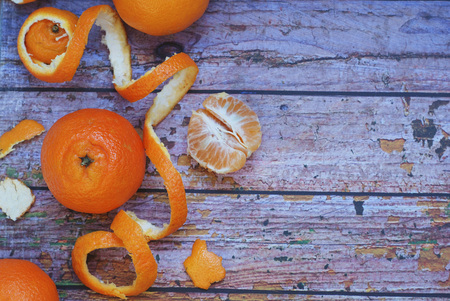 Mandarins Tangerines on wooden background. Free spaceの写真素材