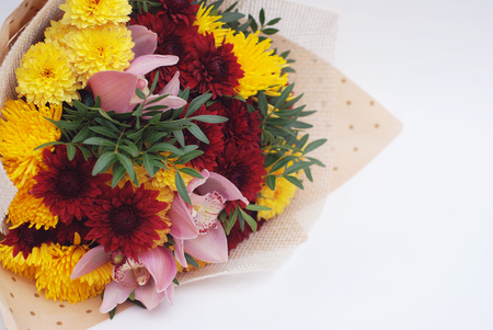 Red and Yellow Autumn Bouquet on Whiteの写真素材