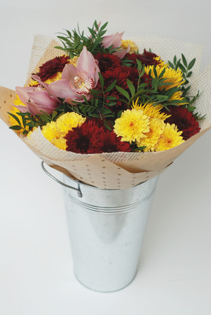 Bouquet of Autumn Flowers. Red and Yellowの写真素材