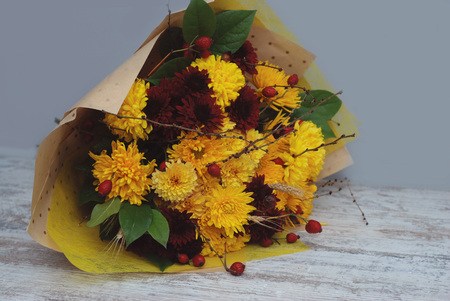 Beautiful autumn bouquet with chrysanthemums flowers, onの写真素材