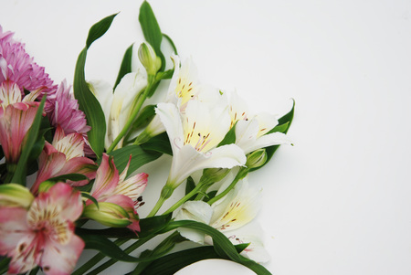 A Beautiful Bouquet with flowers astromeria Pink flowers with copy Space on white backgroundの写真素材
