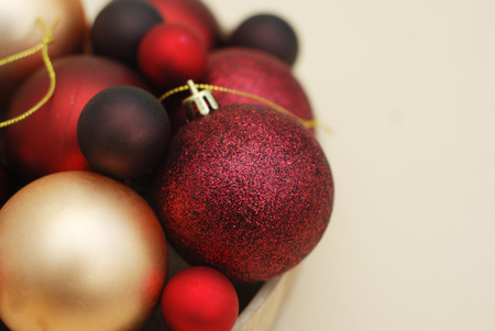 Christmas Red Balls Close Up. Cristmas Decorations, vintage filter. Copy Space Textの写真素材