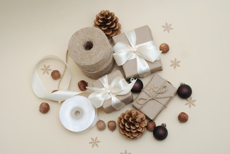 Craft Box, Christmas Concept, Pinecones and Nutsの写真素材