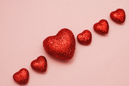 Happy Valentine Day Festive Sparkle Template Greeting. Glitter hearts on Pink background. Valentines Day Concept Love.の写真素材