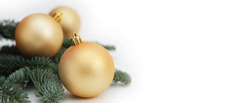 Gold Christmas Tree Bauble Decoration Ornament with Fir Branches Isolated. Banner.の写真素材