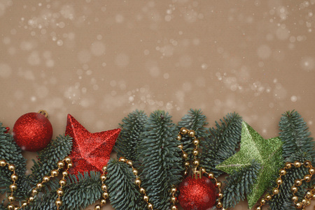 Holidays Background with Season Tree Branches Decorated with Red Baubbles and Globes, , Starsand Golden Beads. Copy Space.の写真素材