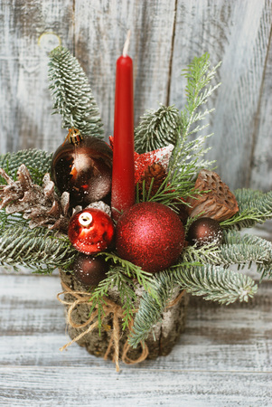Merry Christmas Arrangement on wooden background evergreenの写真素材