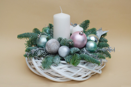 Christmas background with candles and decorations. Pink globes and fir branches isolatedの写真素材