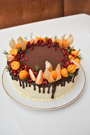 Chocolate cake with pomegranate, citrus fruits and fizalis. Dessertの写真素材