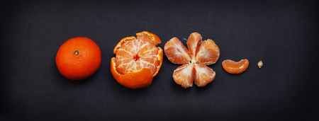 Juicy Citrus Fruits on Dark Blue vintage background. Agriculture, Gardening, Harvest Concept. Top view. Banner.の写真素材