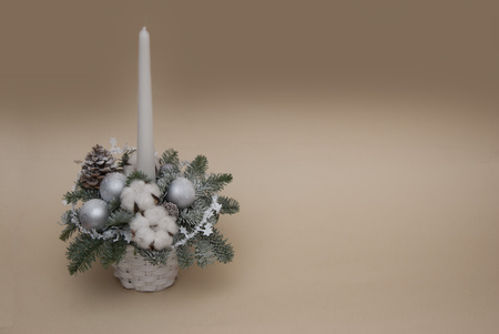 Christmas Decoration - Composition Made from Wreath, Candle, Silver Globes, Fir Branches, isolated with Copy Space. Winter and Christmas Concept for Greeting Card.の写真素材