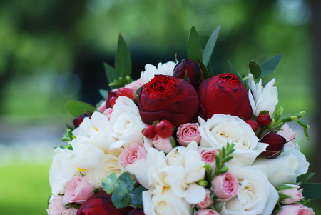 Close up of Pink and White Wedding Peonny and Roses Flowers with Eucalyptus Brunchの写真素材