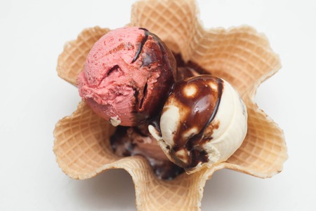 Fruit and Vaniila Ice Cream in Waffle Cup. Isoalted on White Background.の写真素材