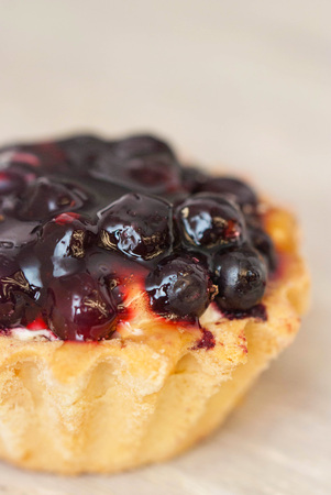 Berry Tarttlet or Basket for Dessert. Sweet Basket with Cream and Berries. Top View. Gray Neutral Background.の写真素材