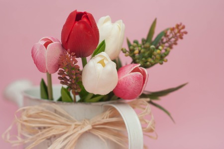 Tulips Flowers in White Vase with Bow. Pink Background. Spring and Easter Concept.の写真素材