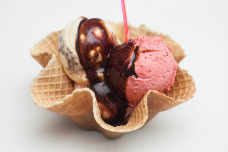 Strawberry and Vaniila Ice Cream in Waffle Cup. Isoalted on White Background. Summer Iceacrea.の写真素材