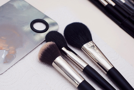Professional female cosmetics brushes for makeup and eyelash brush isolated on black background, Cosmetics concept, Make up concept,の写真素材