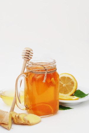 Glass of Fruit tea Dring. Ginger, lemon and Honey. Health food Concept.の写真素材