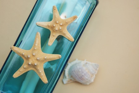 Nautical Theme Backdrop, Decorative Bottle with Shells, Starfish on Neutral Ivory Background. Place for text.の写真素材