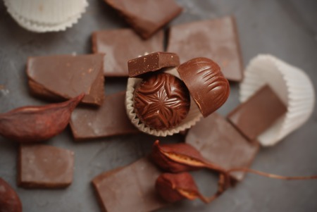 Chocolates Pieces Isolated on Gray Background. Chocolate. Fine Pieces of Chocolates. Chocolate Sweets.の写真素材
