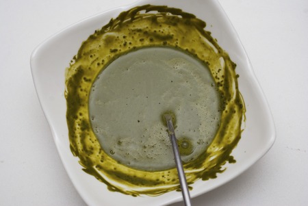 Organic Japan Green Matcha Tea in a Bowl. Preparing Green Matcha Cake.の写真素材