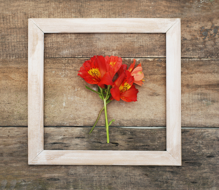 Square White Frame Orange Alstromeria Bouquet Flower Copmosition Arrangement Rustic Wooden Tableの写真素材