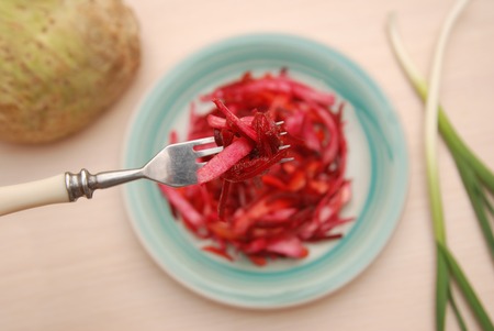 Salad Diet fitness Health Carrot and Raw Beet wit fork rustic
