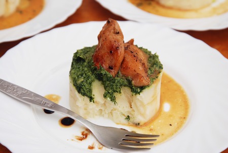 Roasted Chicken Breast and Mashed Potatoes with Spinach Sauce in White Plate.の写真素材