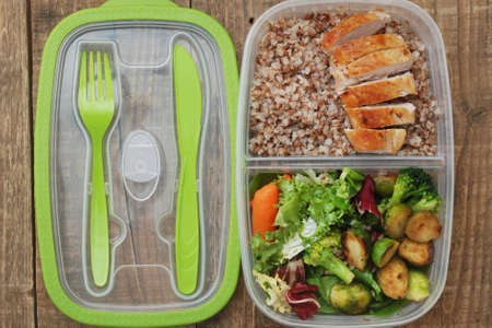 Lunch Box Healthy Food Take Away Plastic Container Buckwheat Salad Chicken Meat Brest Rustic