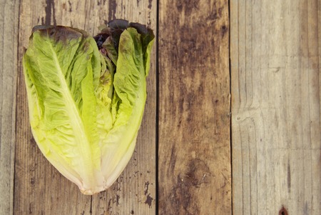 Ripe organic green salad Romano lettuce leaves, on wooden board.の写真素材