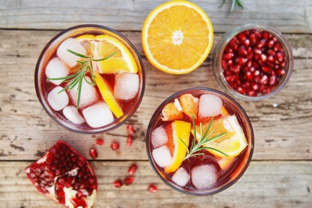 Red wine cranberry citrus pomegranate sangria. Top view, space for text.の写真素材